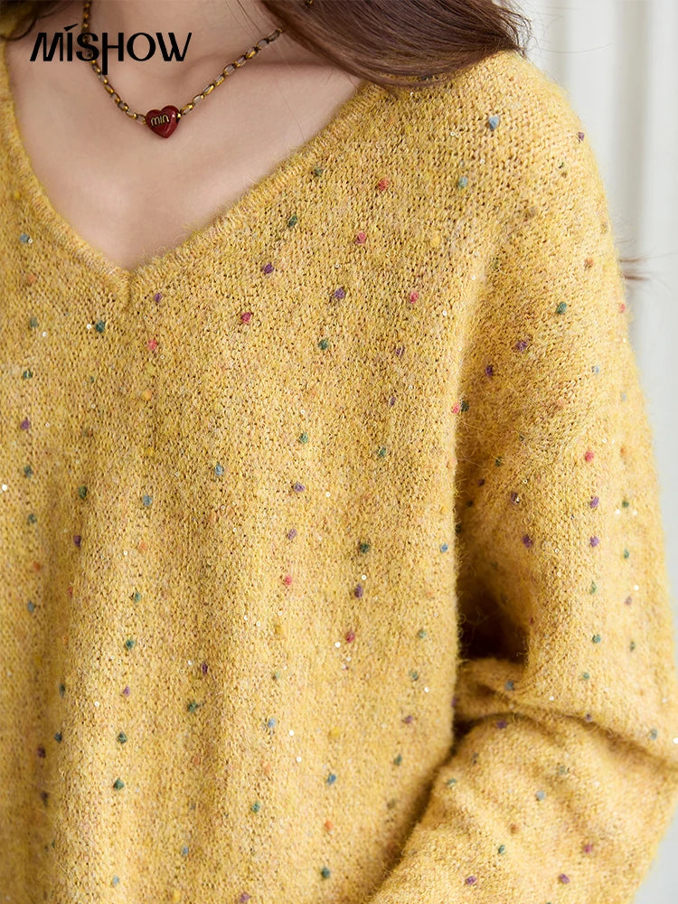 MISHOW Women Long Sleeve Tops 2025 Autumn Retro Yellow Sequins V-neck Sweater Knitted Comfortable Casual Pulllovers MXE47Z2572
