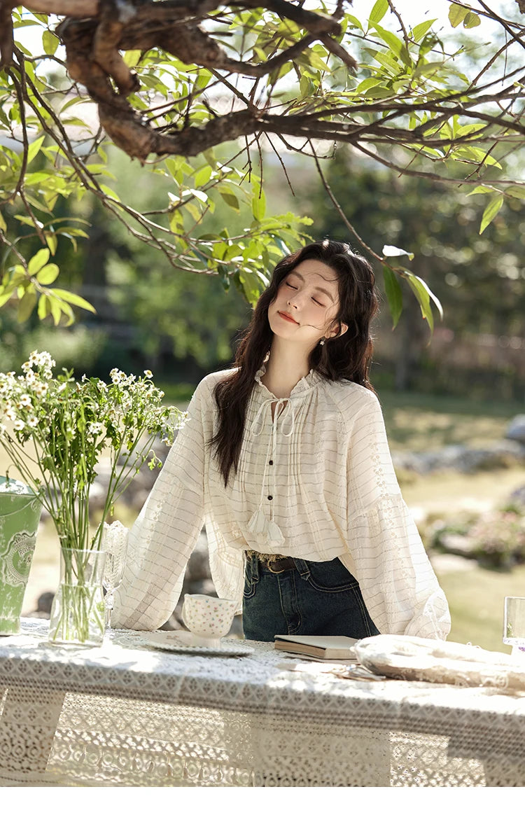 MiSHOW French Striped Blouses Women Spring New 2025 Long Sleeve Lace Collar Shirts Female Fashion Solid Chiffon Tops MXE12C0387