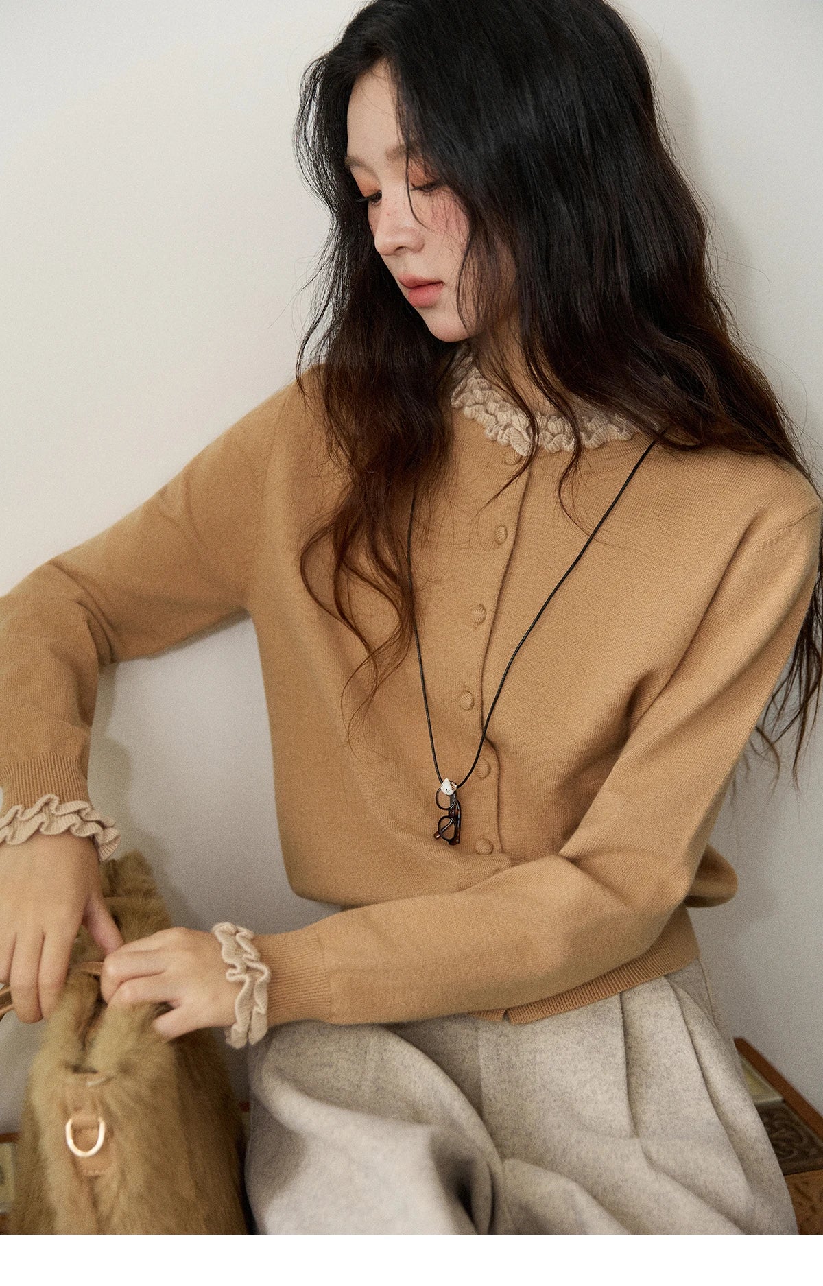 MISHOW Women Knit Cardigan Long Sleeve 2025 Winter Retro Ruffle O-neck Knitted Sweater Loose Casual Commute Khaki Top MXE91Z2749