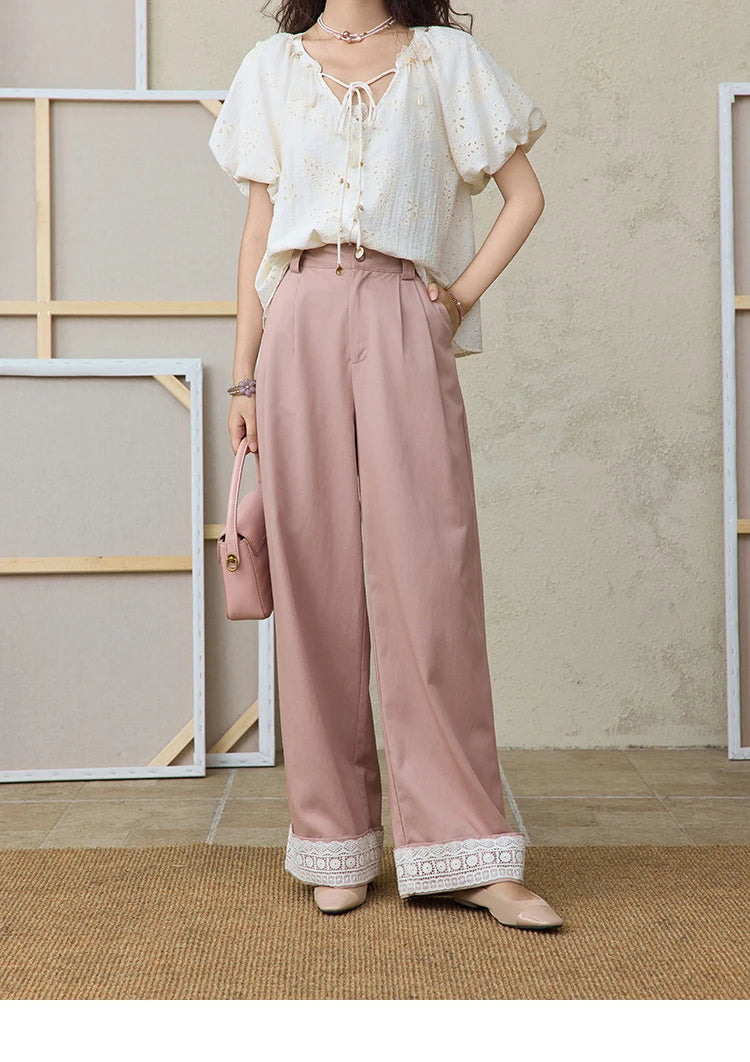 MISHOW Hem Lace Hollow Out Wide Leg Pants for Women Summer 2025 High Waist Loose Pink Pants Straight Leg Trousers MXE31K0900
