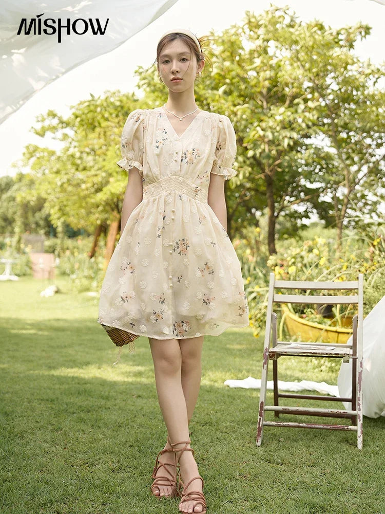 MISHOW Women's Chiffon Dress 2025 Summer French Elegant Floral Embroidered A-LINE V-Neck Sweet Knee-Length Dresses MXC38L1424