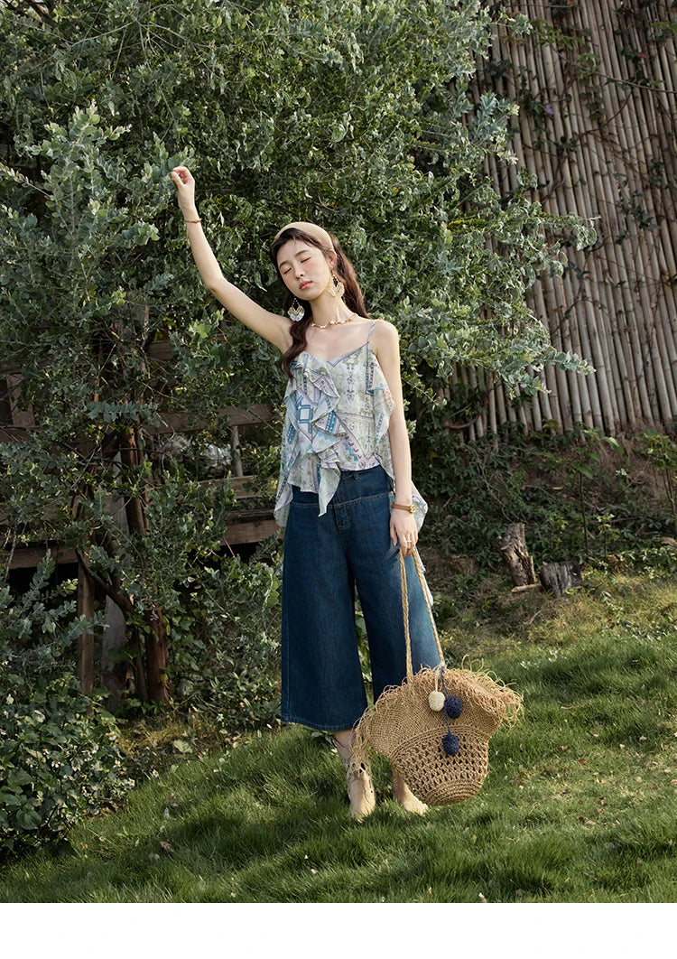 MISHOW Holiday Summer Camisole Tops Women 2025 Plaid Ruffled Layer Chiffon Floral Slimming Top Woman New Fashion MXE33X1803