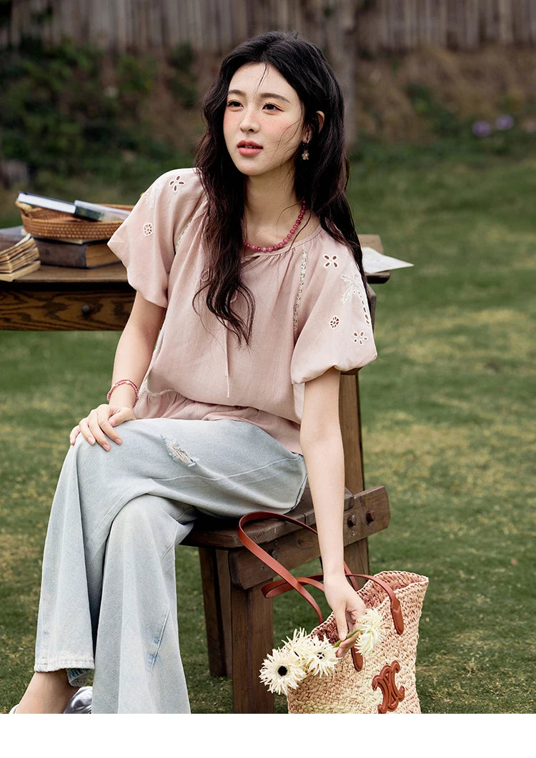 MISHOW French Summer Blouse Women 2025 Short Puff Sleeve Round Neck Solid Hollow Embroidery Shirts Woman Holiday Thin MXE31X1747