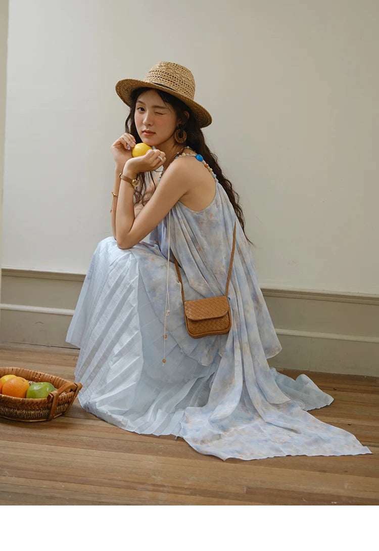 MISHOW Fashion Print Strap Dress for Women 2025 Summer New Multi Layer Ruffle Edge Splicing Sleeveless Midi Dresses MXE35L2233