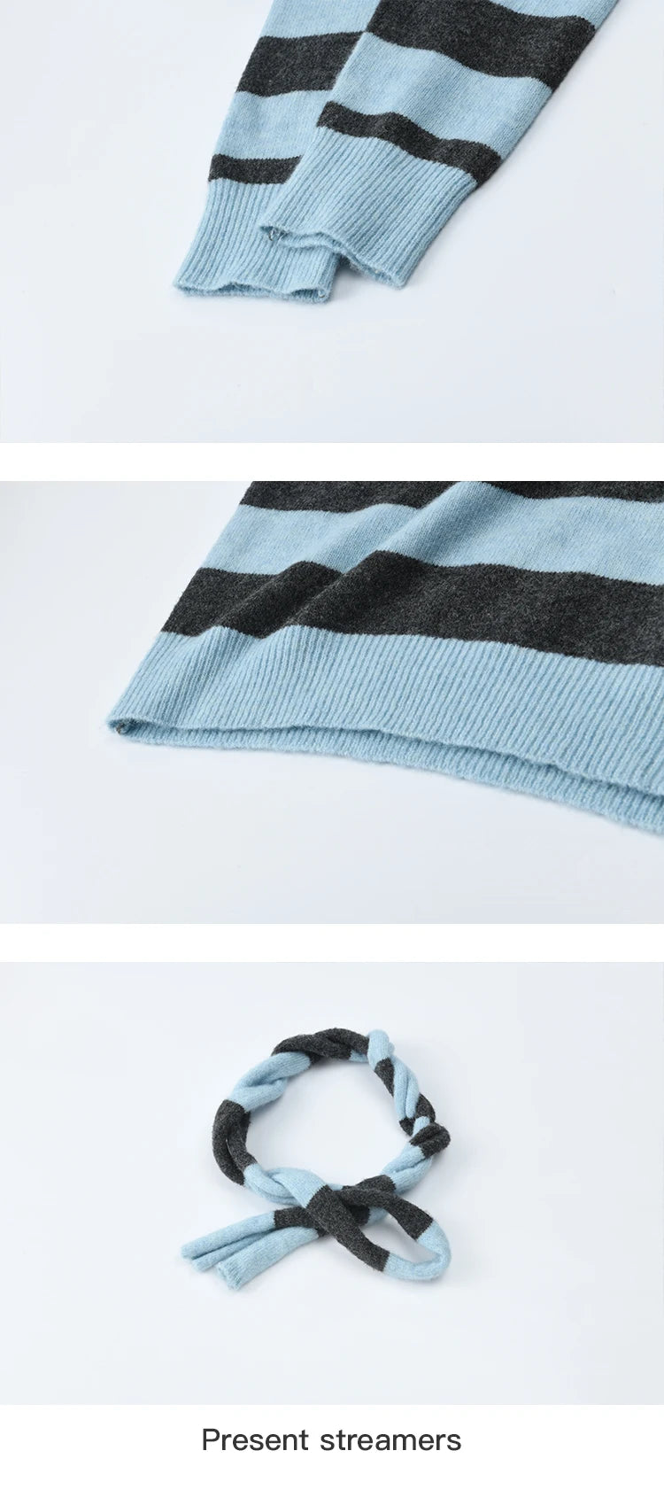 MISHOW Blue Gray Stripe Knitted Top 2025 Autumn Slanted Shoulder Collar Sweaters with Ribbon Loose Wool Blend Sweater MXE46Z2540