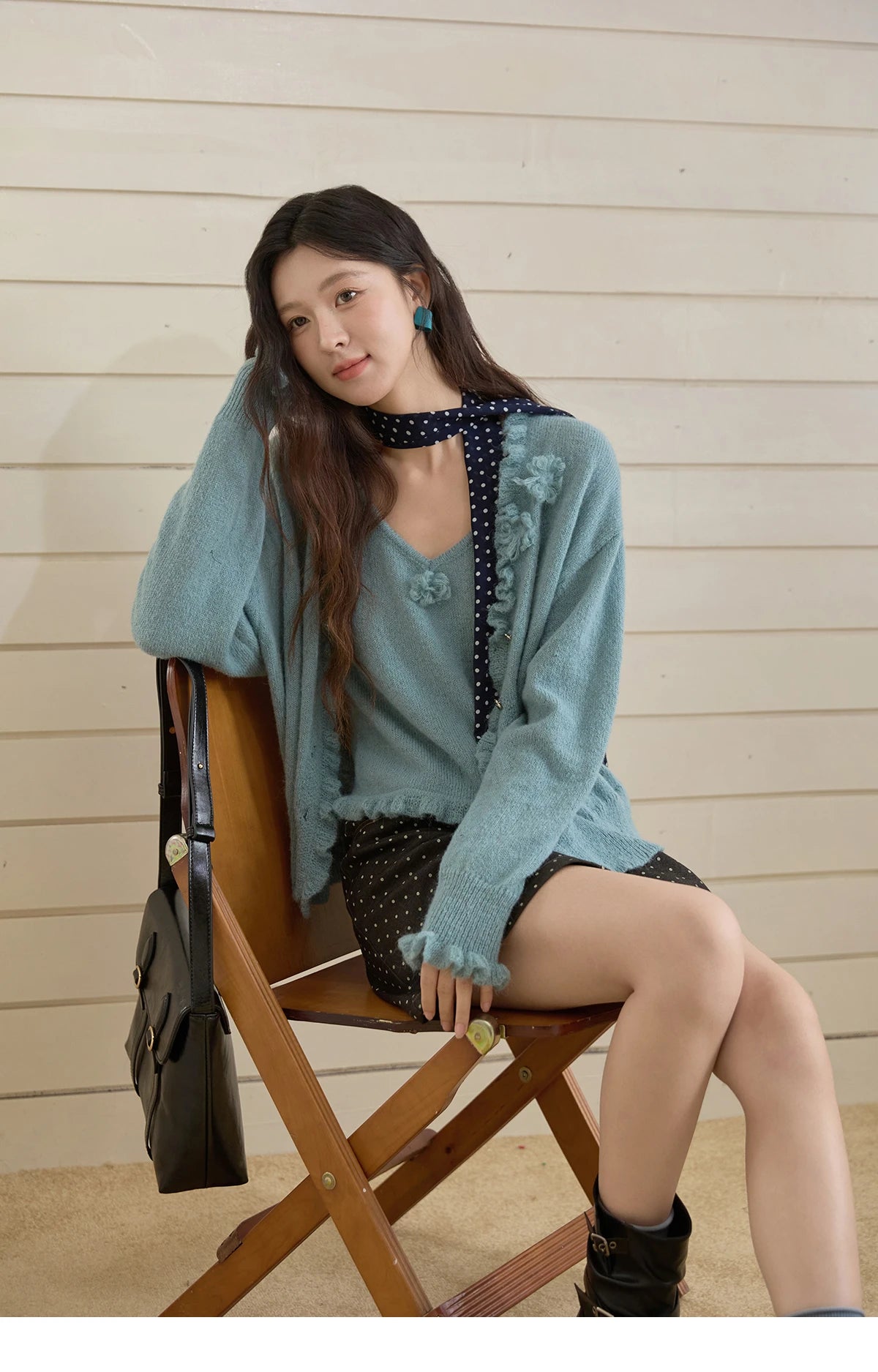MISHOW Blue Knitted Cardigan Strap Two Piece Set 2025 Autumn Sweater Cardigan Lotus Leaf Edge Flower V-neck Camis Set MXE45T1377