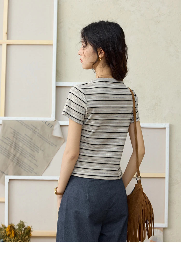 MISHOW Striped Cartoon Pufferfish Printed T-shirt for Women Summer 2025 Slim Shoulders Cotton Tees Short Sleeved Top MXE32T0538