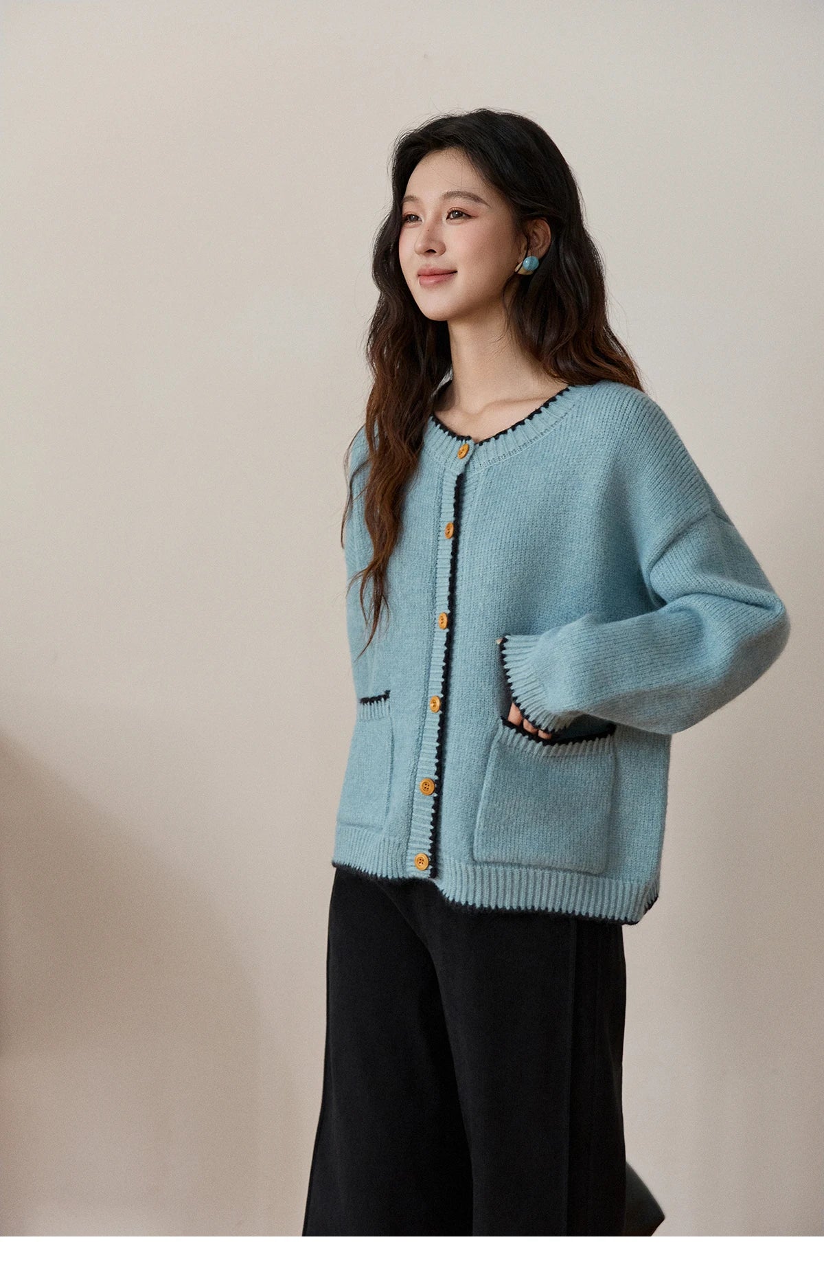 MISHOW Women's Yellow Knitted Cardigan 2025 Autumn Winter Color Collision Edge Sweater Pockets Loose Warm Casual Tops MXE94Z2973