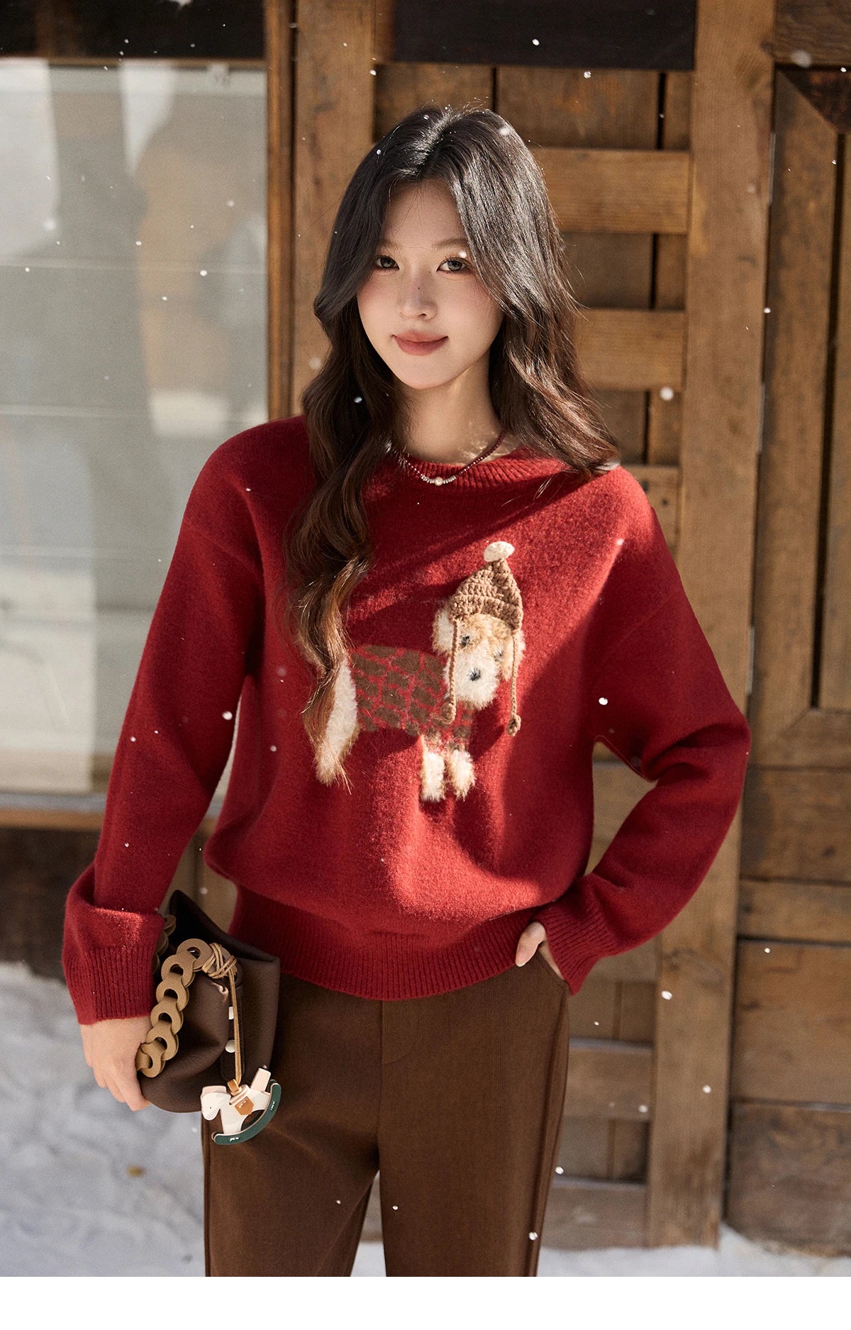 MISHOW New Year Women's Red Knitted Sweater 2025 Autumn Winter Dog Pattern Crew Neck sweaters Warm Loose Pullover Top MXE93Z2811