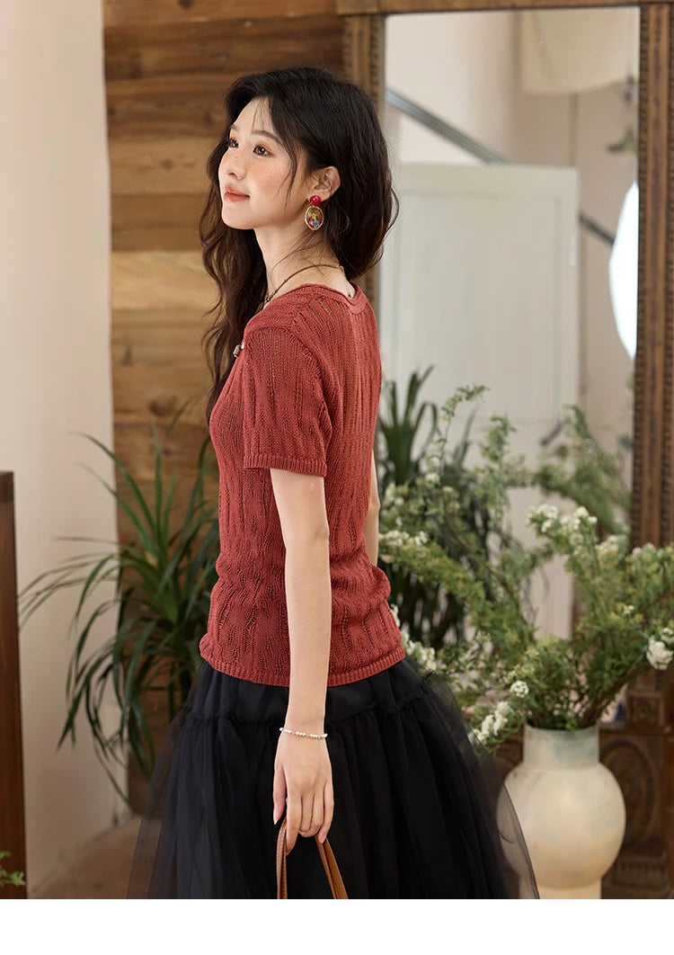 MISHOW Retro Red Hollow Thin Knitted Sweater Shirt for Women 2025 Summer Beads Short Sleeves Knitted Breathable Top MXE35Z1271