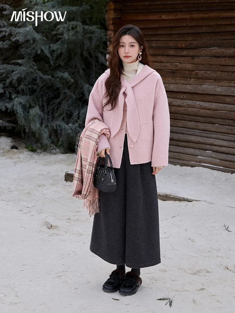 MISHOW Pink Wool Double-sided Woolen Coat Winter Hooded Bow Tie Strap Coats Loose Dropped Sleeves Coat Office Lady MXE91W1010