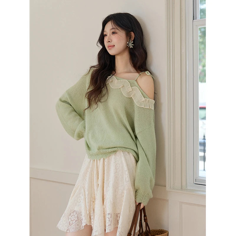 MISHOW Women's Light Green Knit Sweater 2026 Spring Asymmetrical Side Exposed Shoulder Tops Ruffled Casual Loose Top MXF108Z1027