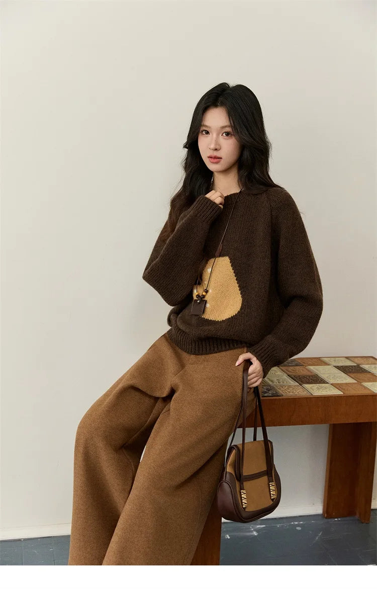 MISHOW Pear Pattern Jacquard Knitted Sweater Autumn Winter Crew Neck Loose Sweaters Wool Blend Warm Pullover Tops MXE94Z2959
