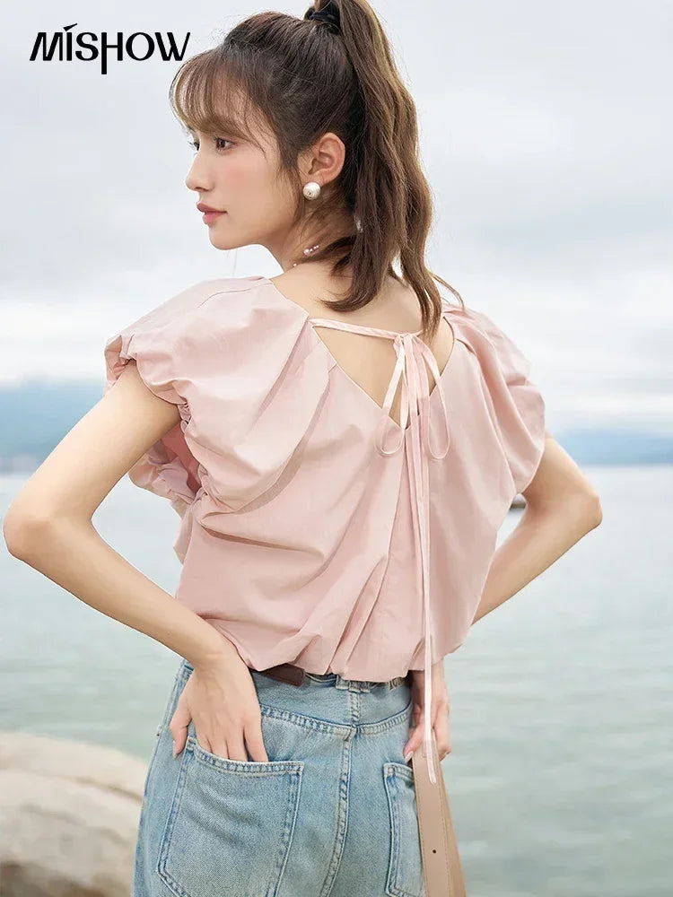 MISHOW Soft Blouses for Women 2025 Summer French Rear Collar Tie Up Solid Short Sleeve Solid V Neck Puff Sleeve Tops MXC38X1275