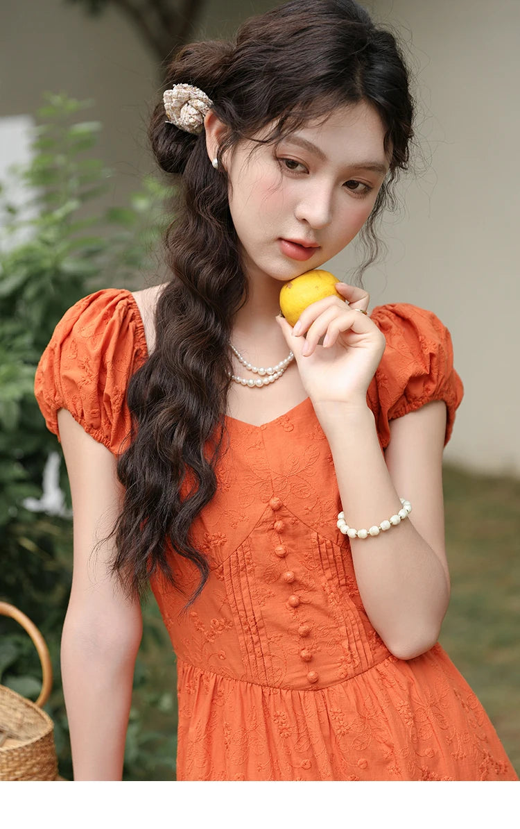 MISHOW 100 Cotton Orange Embroidered French Dress Women 2024 Summer V Neck Mid Length Dress Solid Loose A-line Dress MXD29L1931
