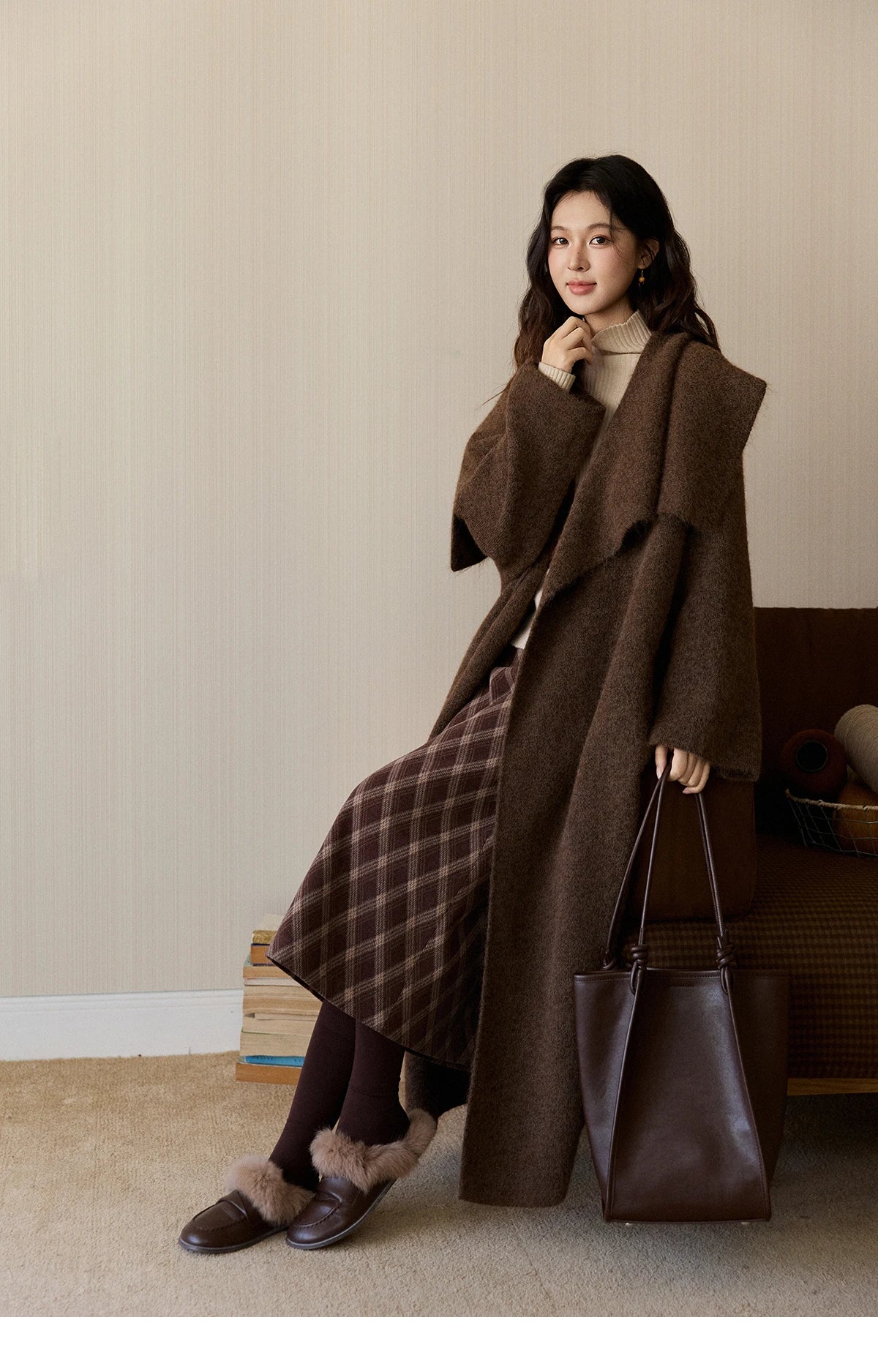 MISHOW Women's Brown Plaid Wool Blend Skirt 2025 Winter High Waist Slim A-Line Back Hem Split Back Elastic Midi Skirt MXE94B2461