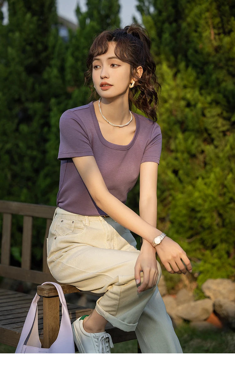 MISHOW Short Sleeve T-shirts Women Spring Solid Square-neck Top Elegant Woman Clothes Office Lady Cotton Tees MXC12T0641