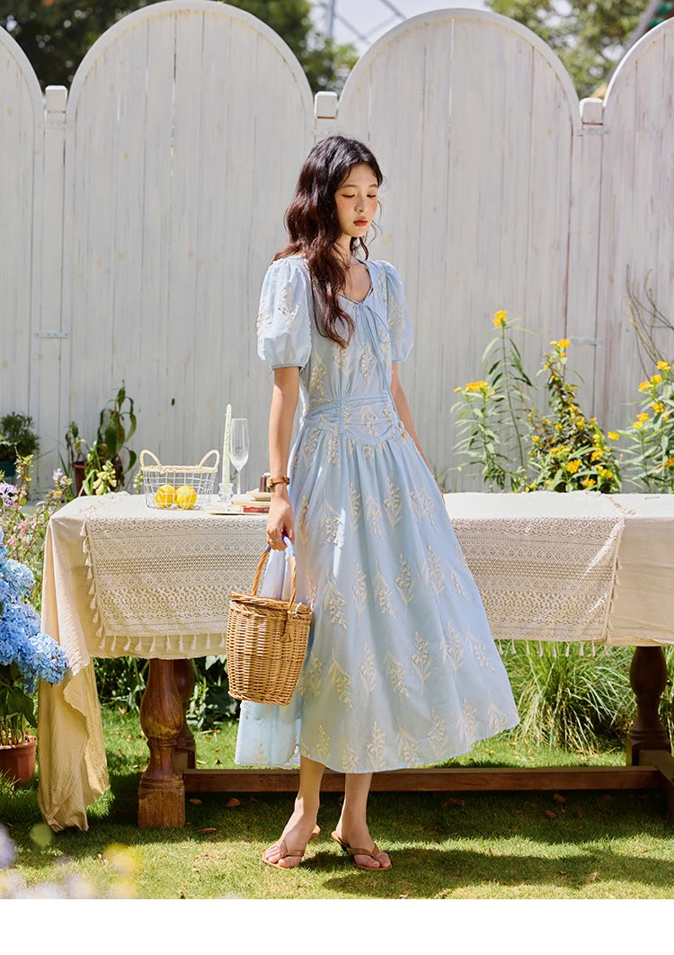 MISHOW Blue Square Neck Bubble Sleeve Dress for Women Summer 2025 Waist Vacation 100 Cotton Embroidered Long Dress MXE35L2234