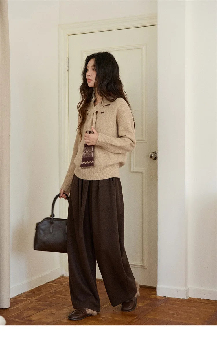 MISHOW Women V-neck Knit Top 2025 French-style Elegant Workwear Long-sleeved Yellow Pullover Women's Winter Clothing MXE87Z2771