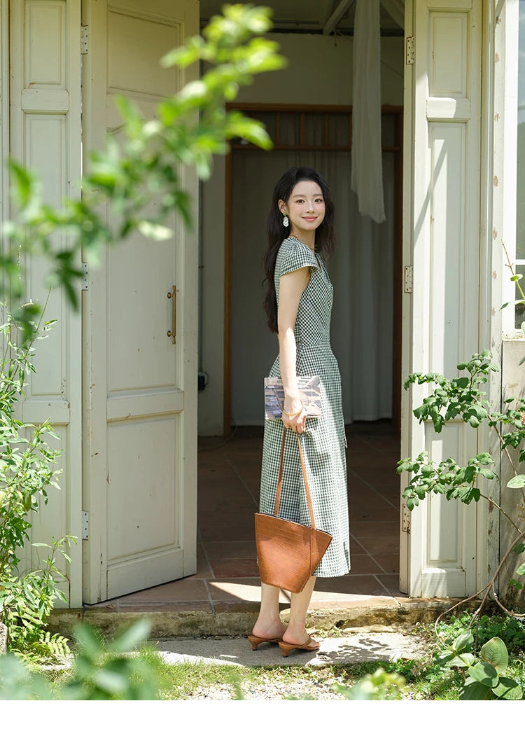 MISHOW Women's Fashion V-neck Dress 2025 Summer Office Lady Plaid Waist Cinched Sashes Short Sleeve Female Dresses MXE39L2410