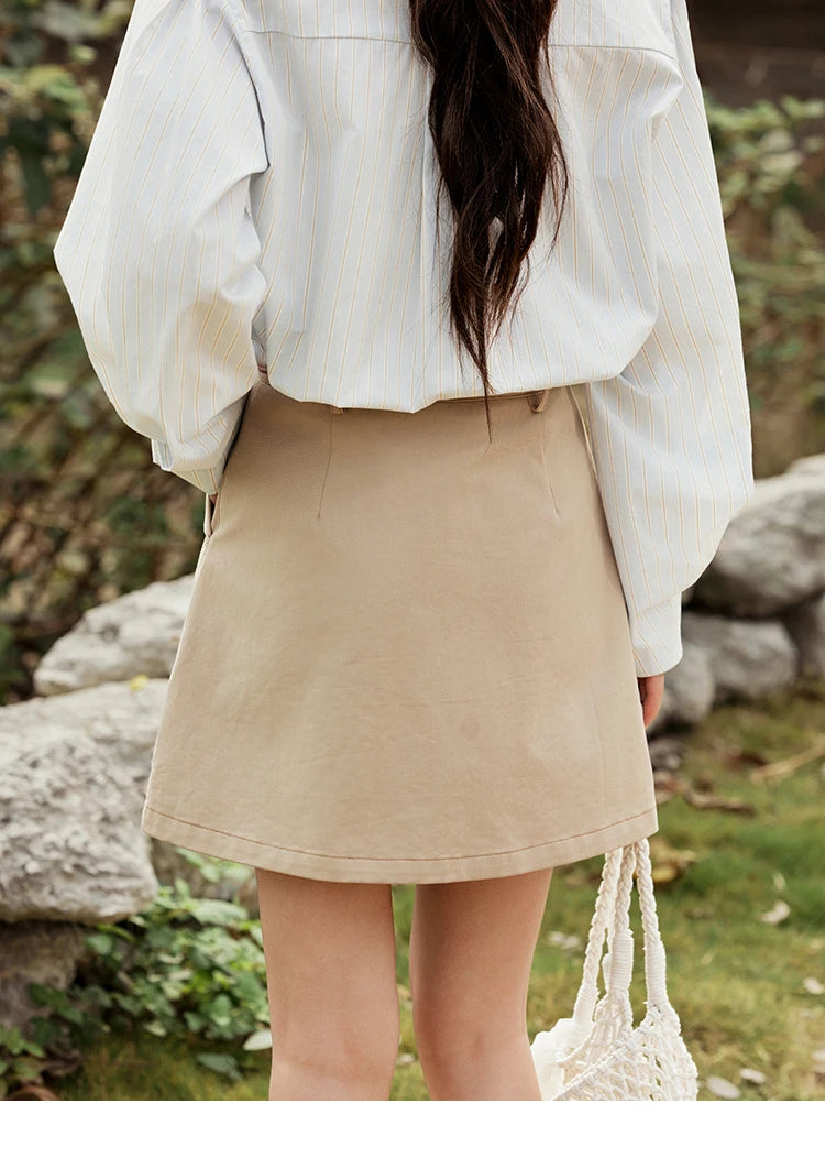 MISHOW Khaki A-line Short Skirt Spring 2025 100Cotton High Waist Versatile Skirt Zipper Pockets Skirt (Not with Belt) MXE15B0696