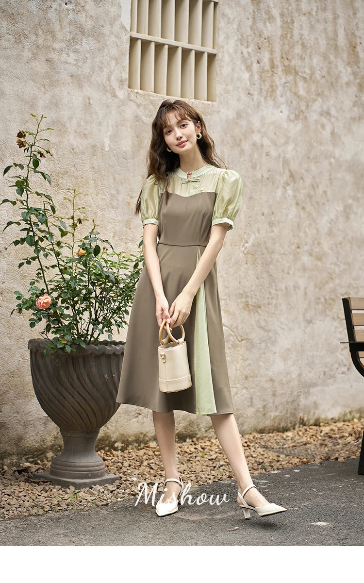 MISHOW Chinese Style Dress for Women 2023 Summer Waist Puff Sleeve Patchwork Fake Two Pieces French Slim Long DressES MXC35L1354