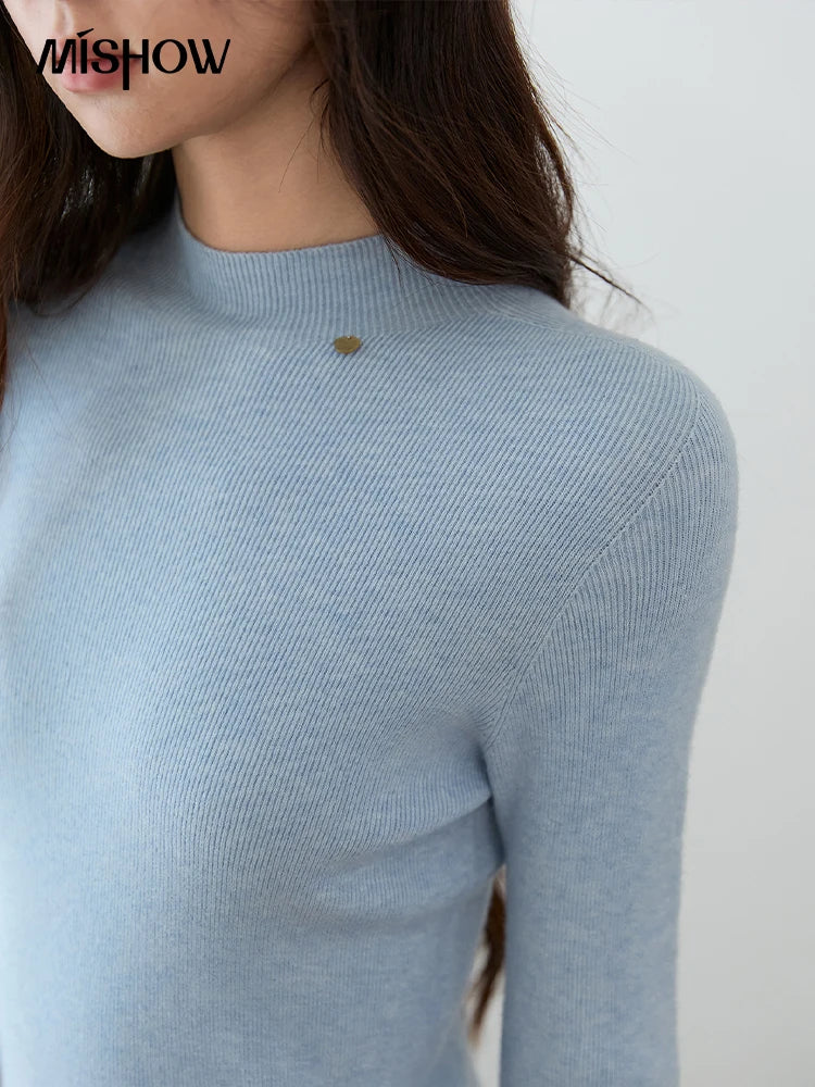 MISHOW Woman Long-sleeved Tops 2025 Autumn Winter Minimalist Mock Neck Knited Top Commute Casual Slim Pullover Woman MXE48Z2583