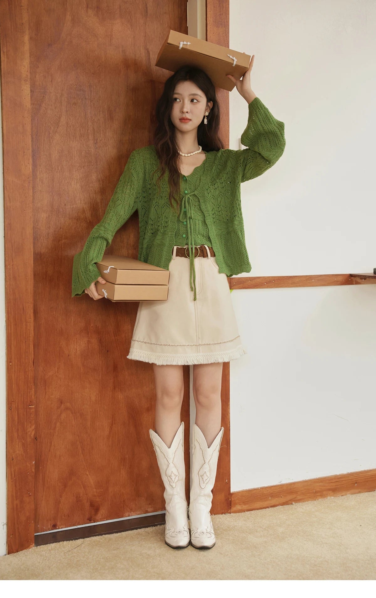 MISHOW Women's Wool Knitted Suit Autumn 2025 Flared Sleeves Lace-up Cardigan Single-breasted Camisole Two-piece Set MXE42T0717