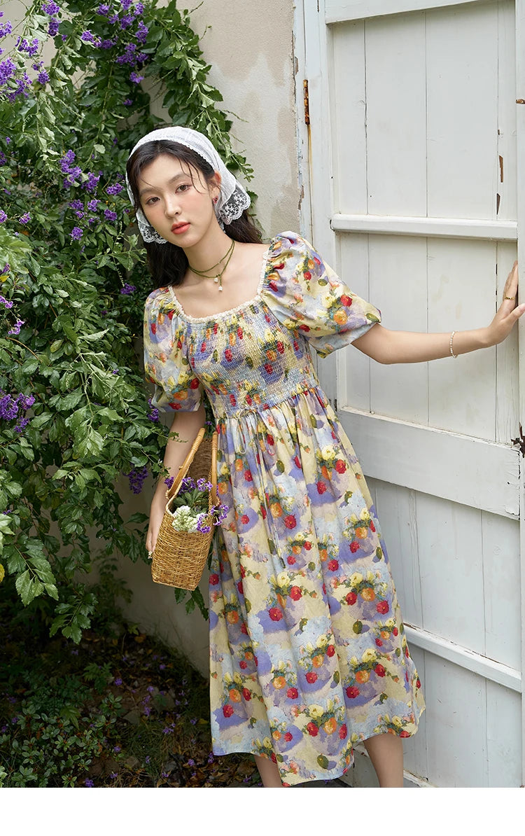 MISHOW Floral Smocked Midi Dresses for Women 2025 Summer Puff Short Sleeve Beach Vacation Beach French Retro Dress MXD24L1905