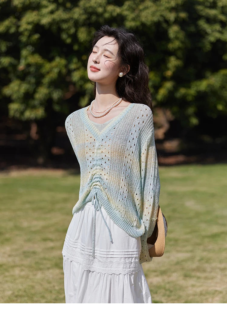 MISHOW Gradient Blue Green Knitted Sweater Women 2025 Autumn Long Sleeve V-neck Drawstring Tops New Fashion Sweaters MXE16Z1171