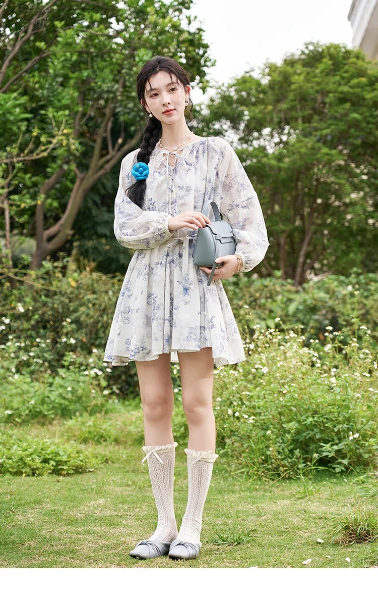 MISHOW Fairy Temperament Floral Puff Sleeved Chiffon Dress Spring Summer 2025 Lace-up O Neck Waist Knee-Length Dress MXD14L1681