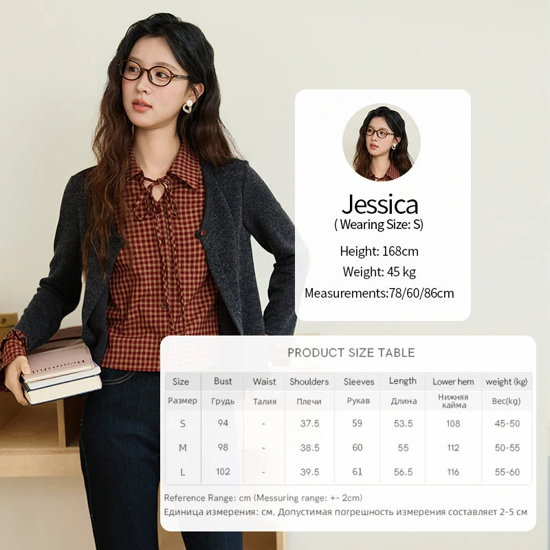 MISHOW Women's Fake Two Knitted Sweaters 2025 Autumn Plaid Splicing Embroidered Tops Retro Lapel Flare Sleeve Tops MXE45Z1401