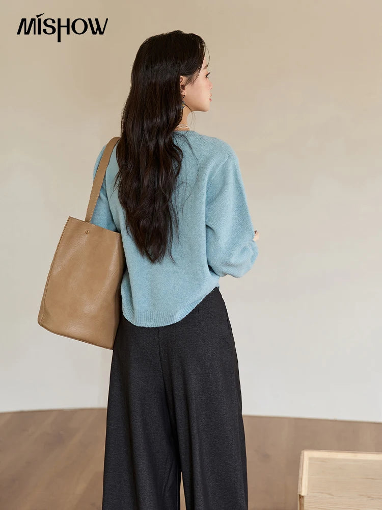 MISHOW Blue Floral Embroidered Cardigan for Women 2025 Autumn Winter New Loose Crew Neck Long Sleeves Sweater Wool MXE51Z2695