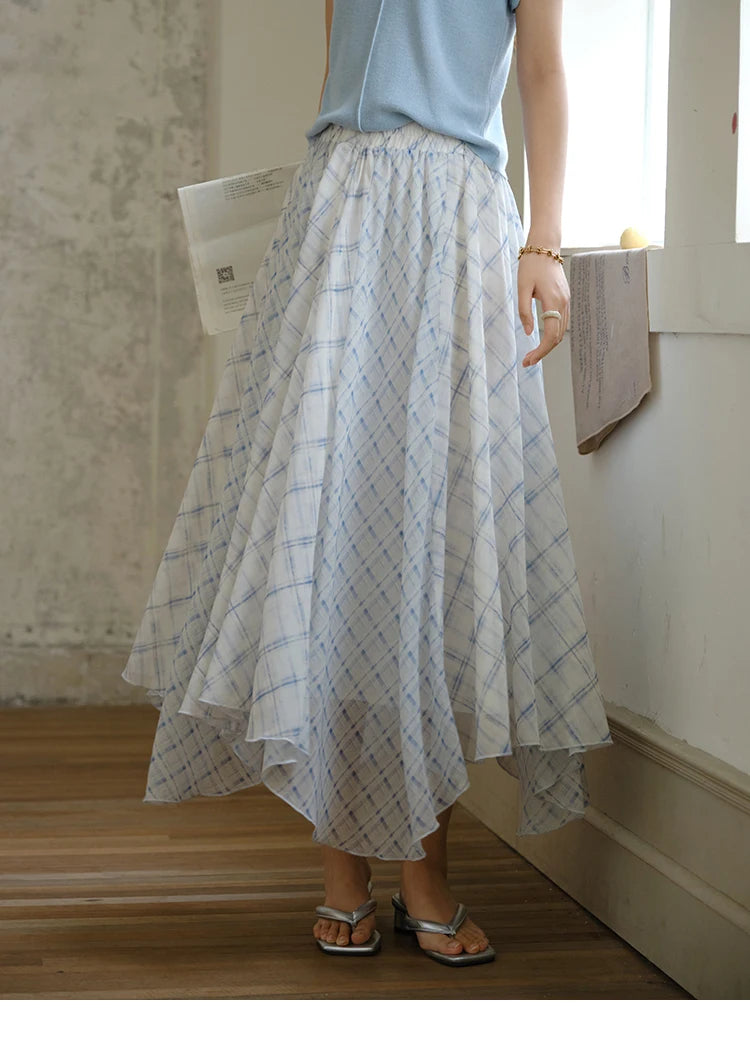 MISHOW Patchwork Plaid Chiffon Half Skirt for Women 2025 Summer Fashion Irregular Wave Edge High Waist A-line Skirt MXE34B0739