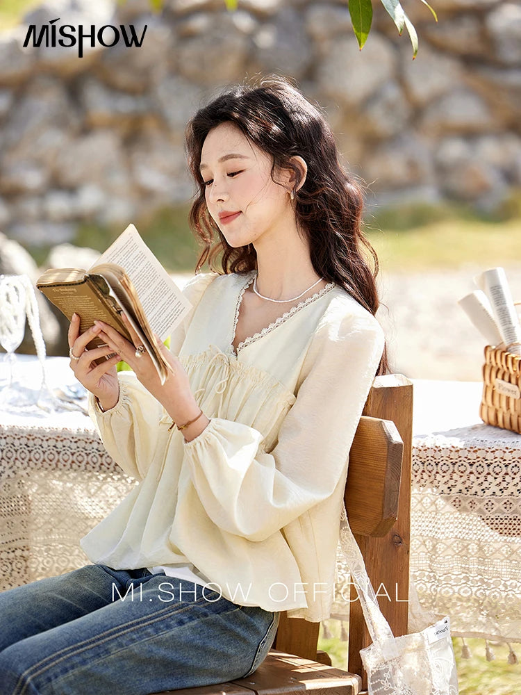 MISHOW Women's Jacquard Lace V-neck Blouses 2025 Spring Ruffled Wavy Design Blouse Slim Elegant Commuting Sweet Top MXE12C0397