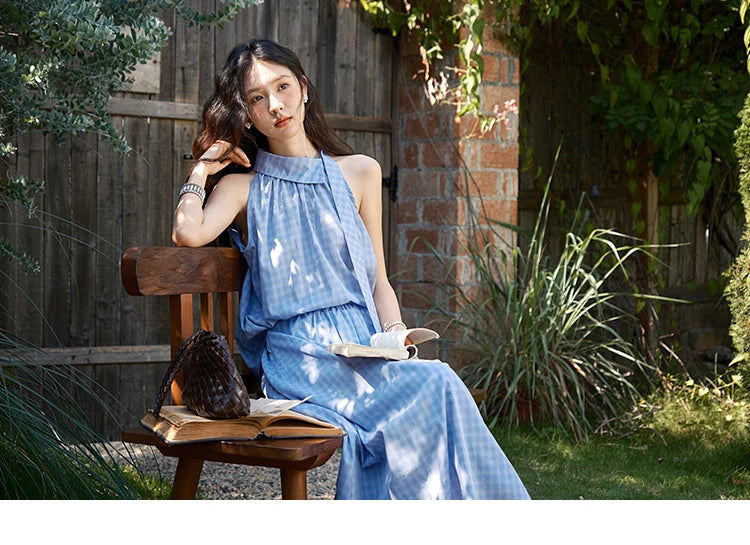 MISHOW Women's 2 Piece Set 2025 Summer Female Vacation Fashion Plaid Hanging Neck Button Top A-line Half Skirt Set MXE39T0711