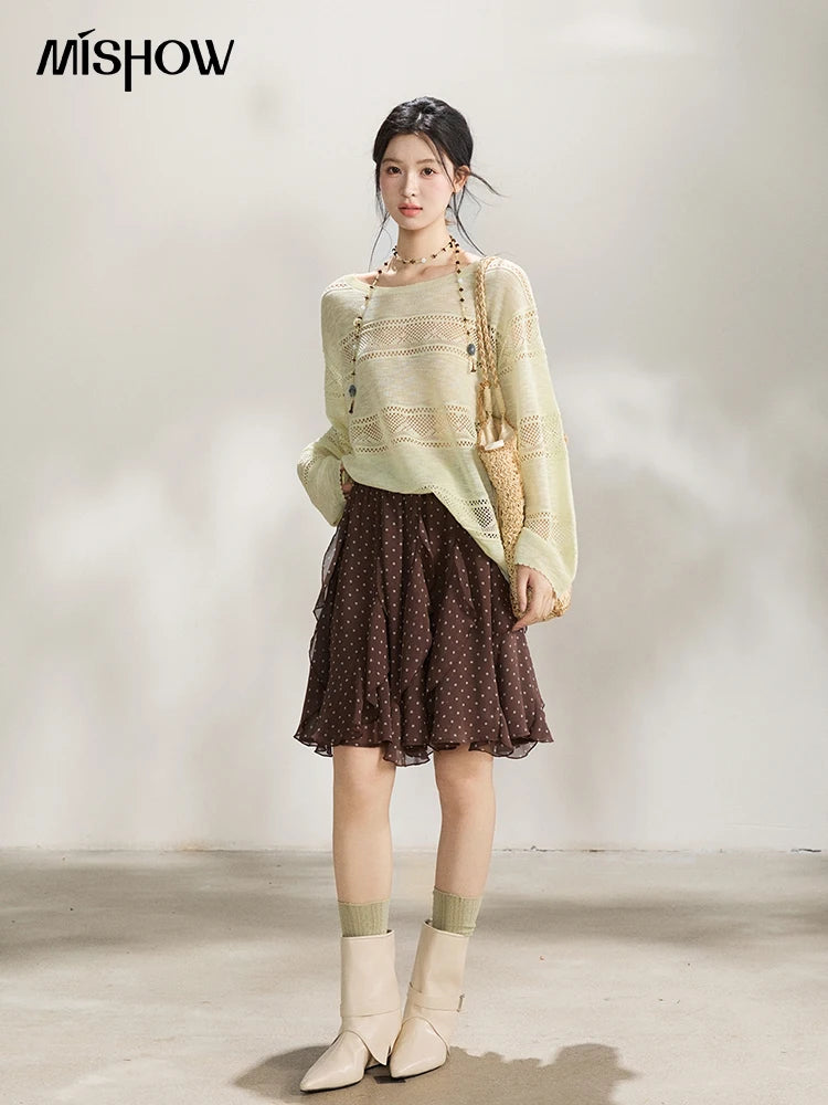 MISHOW Women's Pale Yellow Knit Top 2026 Spring Crew Neck Hollow Out Striped thin tops Casual Loose Sheer Sweater MXF13Z3020