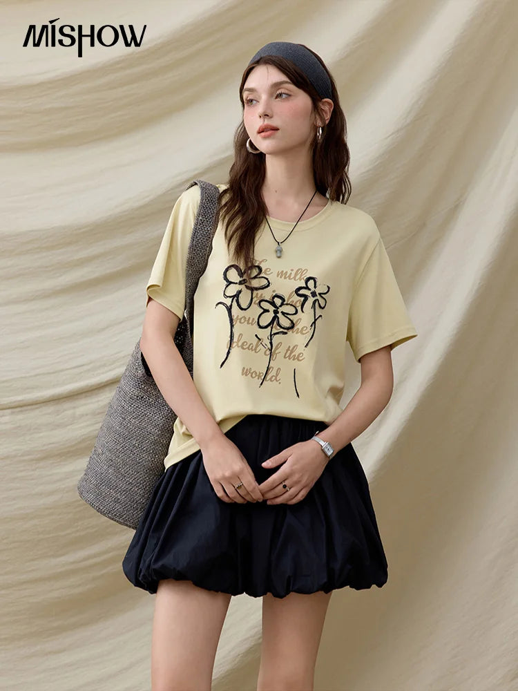 MISHOW Casual Print T-shirts Women Summer 2025 Short Sleeve Round Neck Embroidered Flower Shirt Female Loose Slimming MXE33T0498