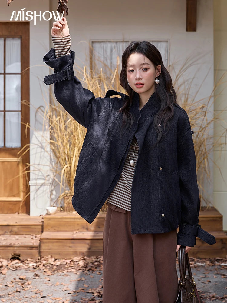 MISHOW Navy Blue Short Jacket for Women 2025 Autumn Winter Safari Style Stand Collar Epaulette Design Cuff Jacket MXE49W0901