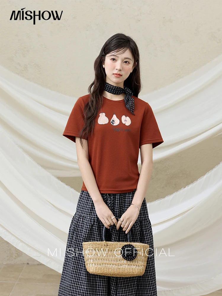 MISHOW Summer Print Casual T-shirt Women New 2025 Short Sleeve Round Neck Slim Shirts Female Fashion Office Lady Tops MXE33T0500