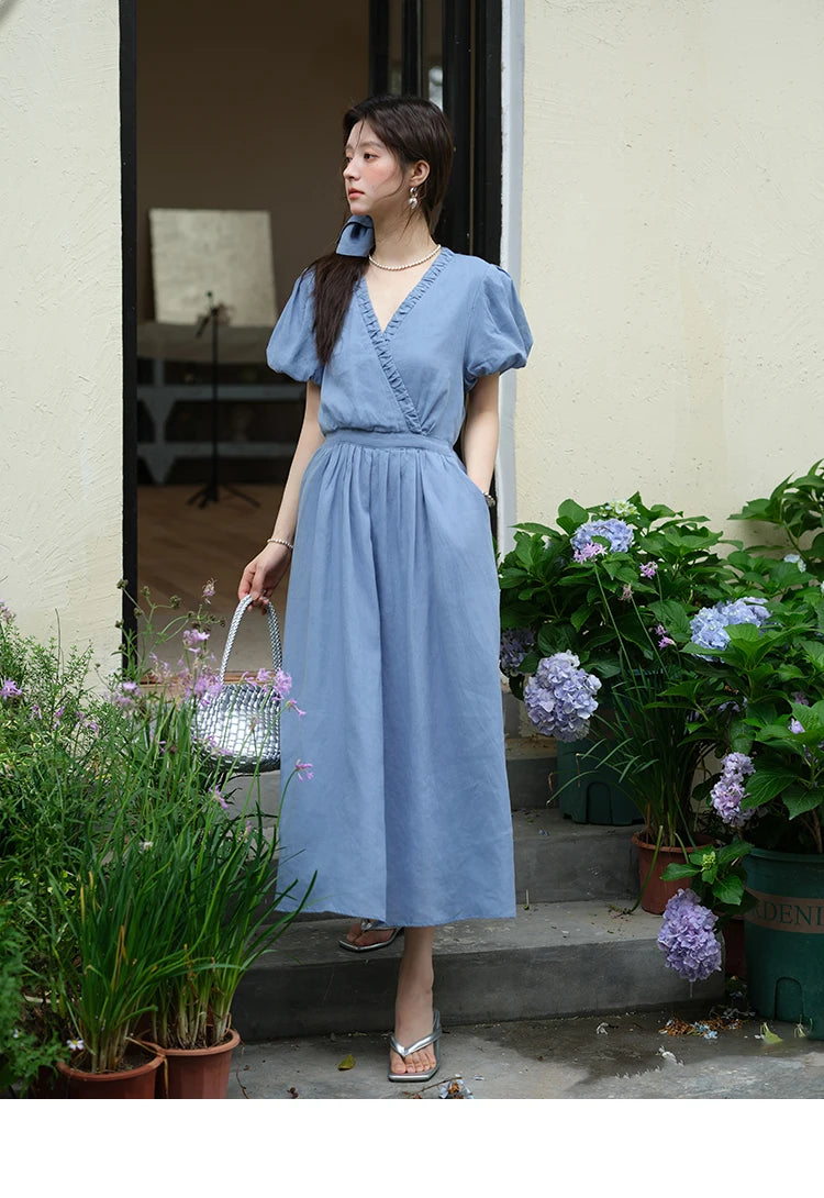 MISHOW Summer Fashion V-neck Dress Woman 2025 New Puff Sleeve Sashes Elegant Pocket Vacation Dresses Ladies Clothing MXE39L2381