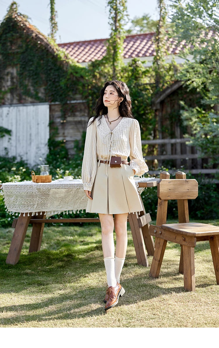 MISHOW French Retro V-neck Lace-up Striped Shirt for Women Spring 2025 Embroidered Lace Long Sleeve Top Casual Shirts MXE12X1715