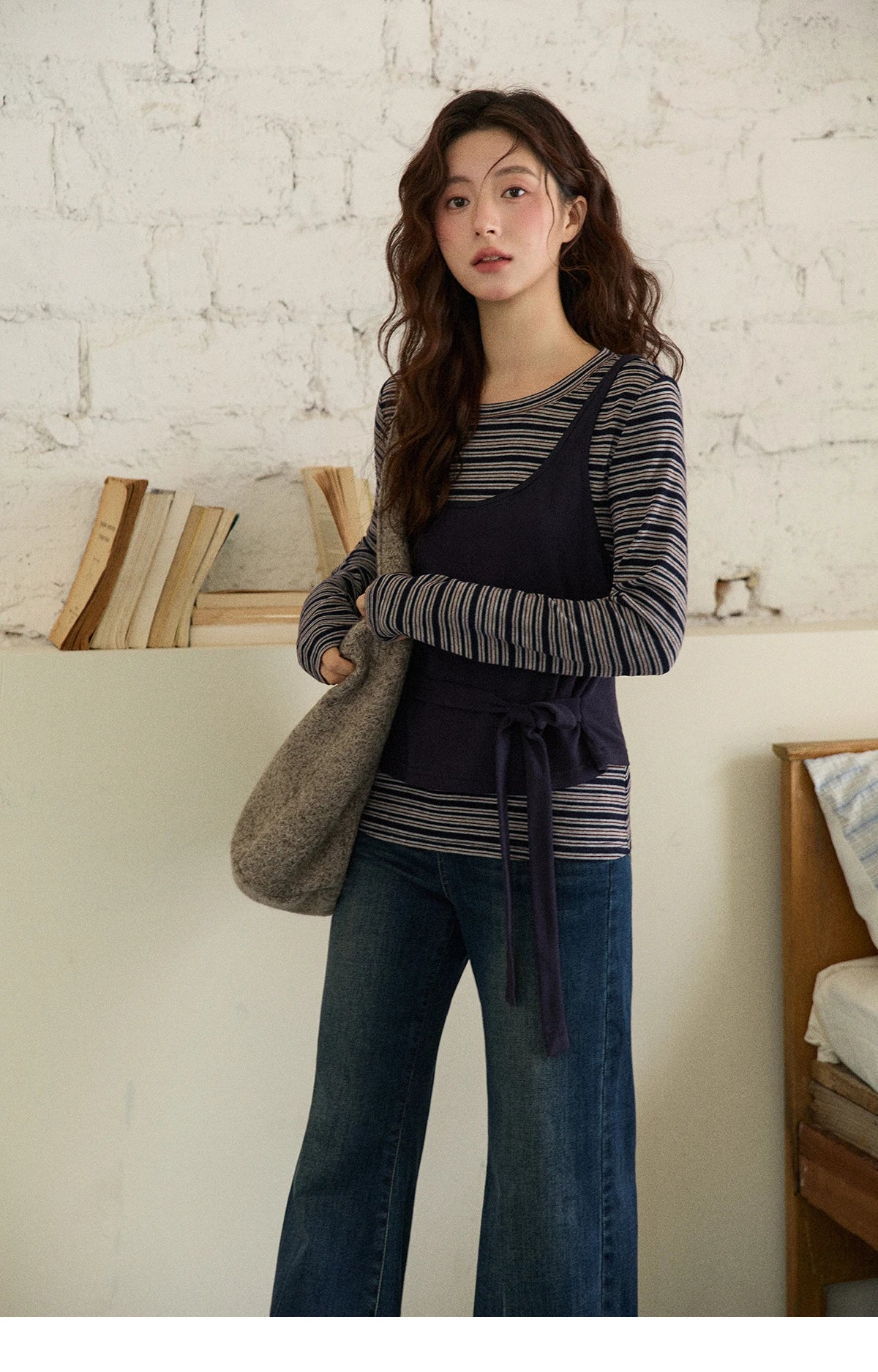 MISHOW Women's Two-Piece Set, 2025 Winter New Retro Casual Round Neck Long Sleeve Striped Top with Tie-Waist Camisole MXE87T1430