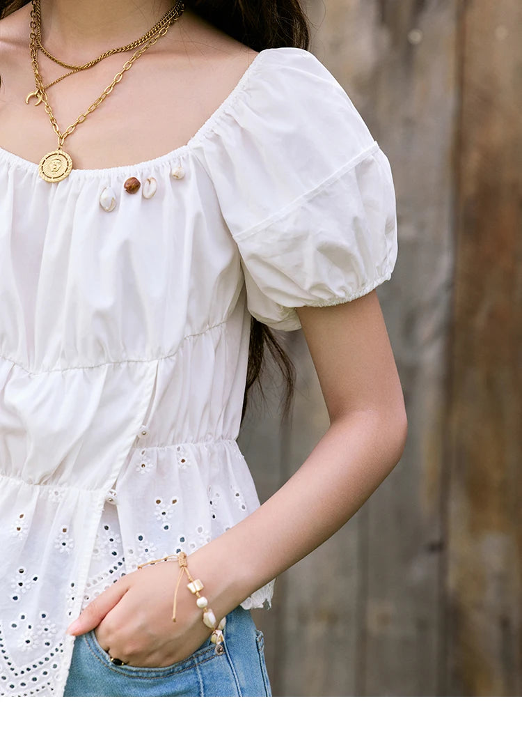 MISHOW French Summer Casual Blouses 2025 Solid Short Puff Sleeve Hem Hollow Cotton Tops Loose Collar Beading Blouse MXE33X1776