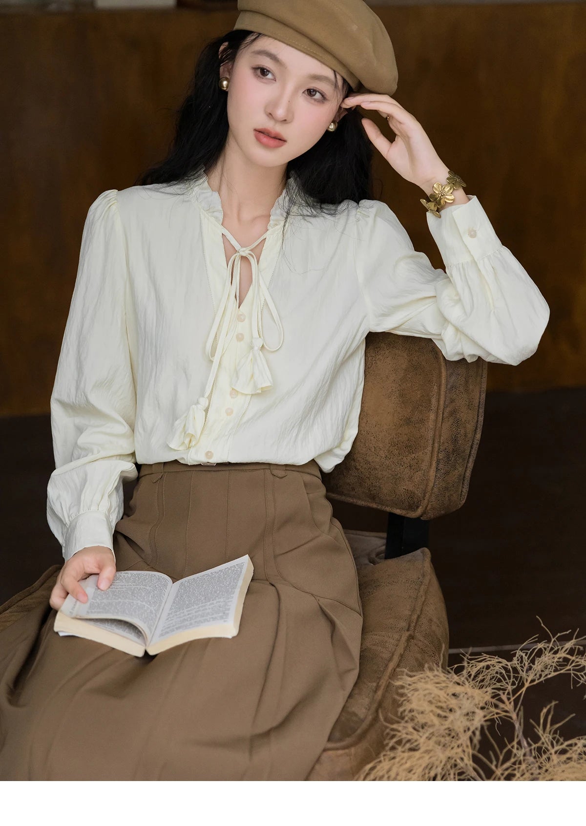 MISHOW Flower Bud Tie Lyocell Shirt for Women Autumn 2024 Temperament Solid Long Sleeve Pullover Tops Office Lady MXD42X1640