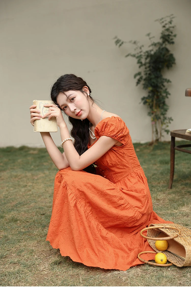 MISHOW 100 Cotton Orange Embroidered French Dress Women 2024 Summer V Neck Mid Length Dress Solid Loose A-line Dress MXD29L1931
