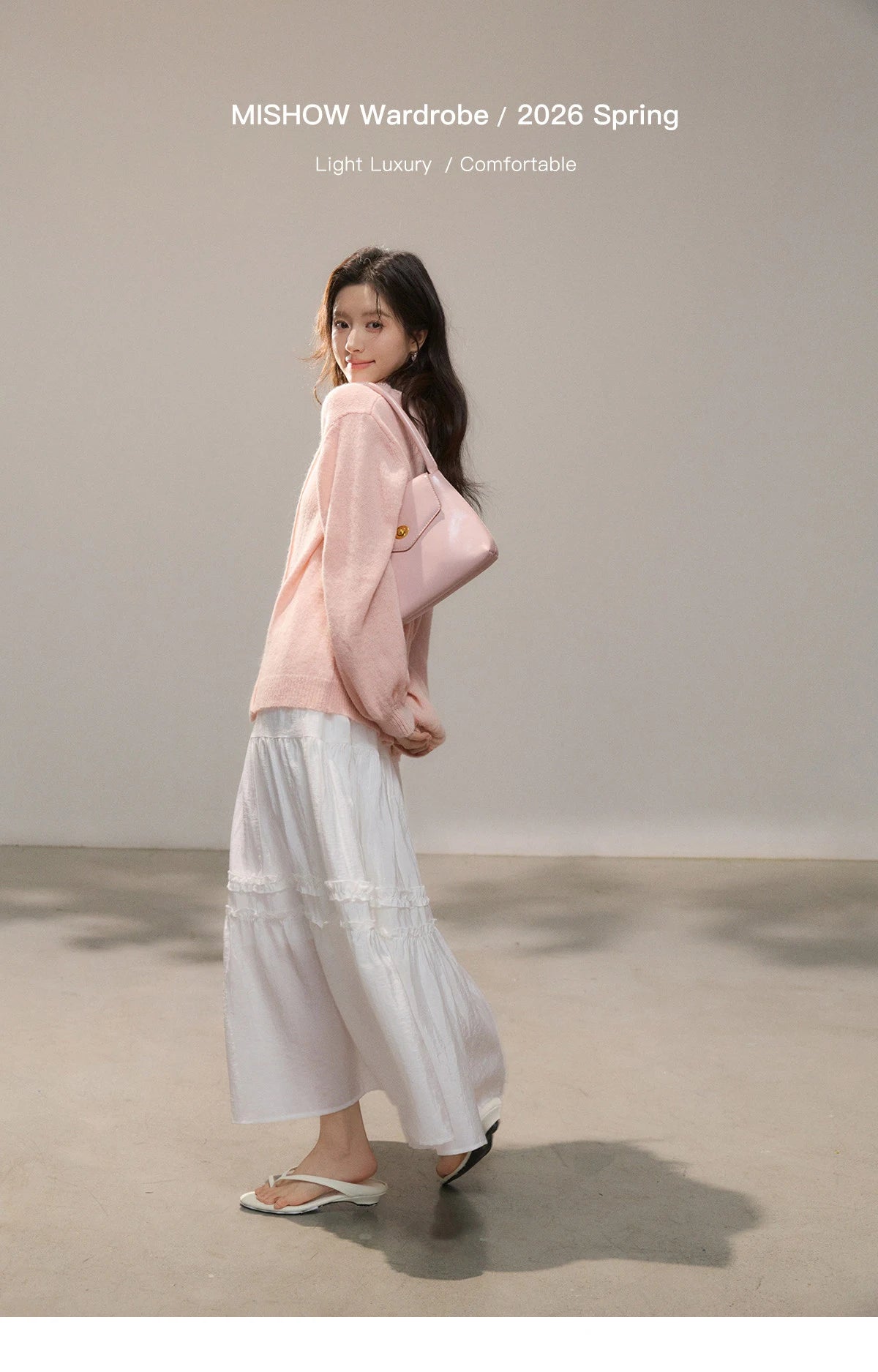 MISHOW Women's Pink Sweet Knit Cardigan 2026 Spring V-Neck Ruffled Trim Pearl Button Cardigans Loose Knitted Sweater MXF108Z1028