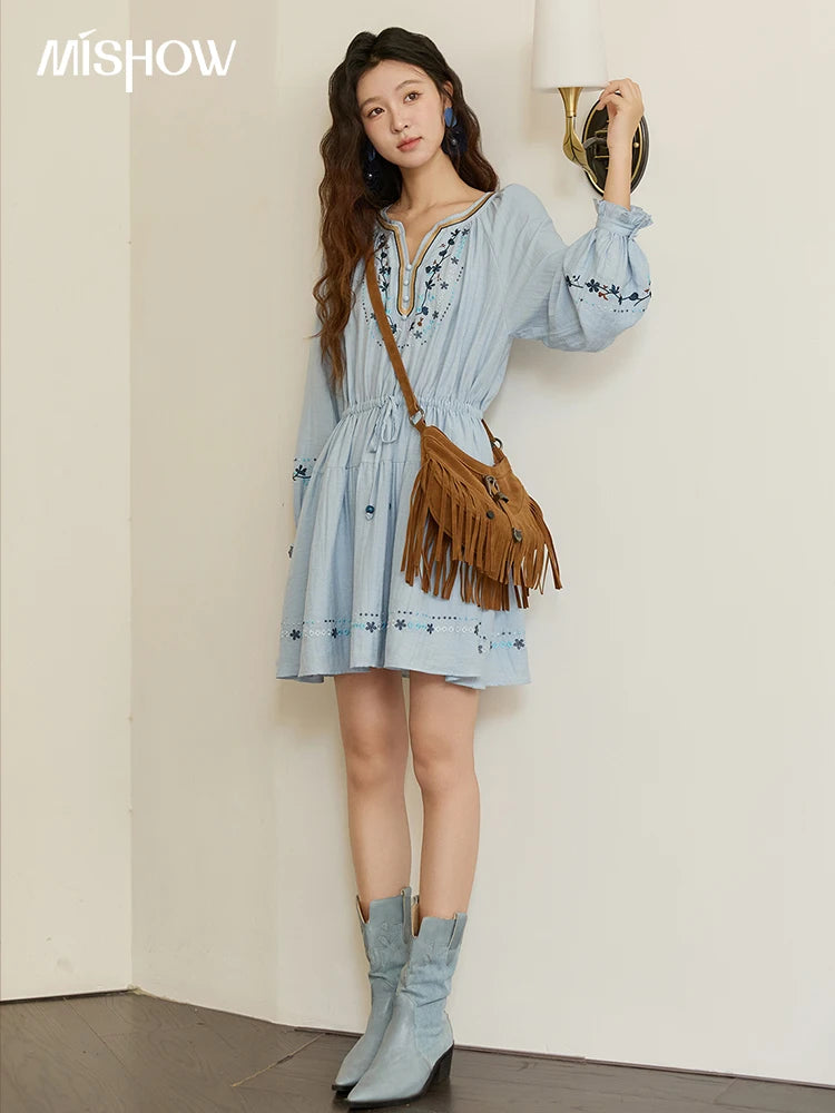 MISHOW Woman Long Sleeve Dress Autumn Elegant V-neck Embroidered Drawstring Waist Dress A-line Bohemian Midi Dresses MXE44L2489