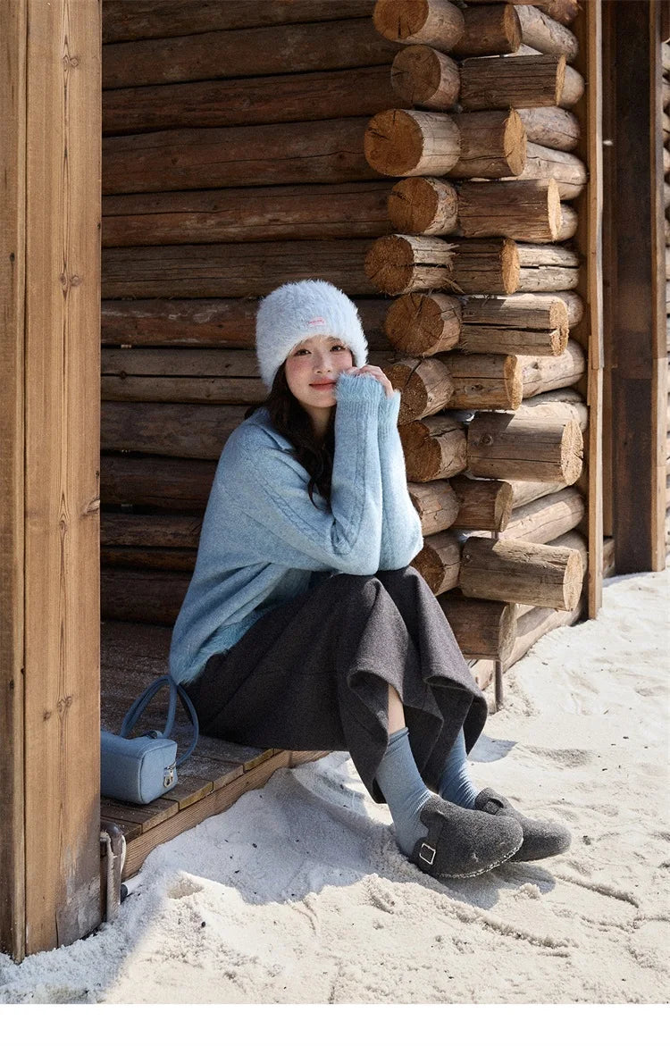 MISHOW Luxury Women's Sweaters 2025 Winter Blue Polo Collar Cable Knit Faux Mink Pullovers Loose Commute Tops Lady MXE88Z2756