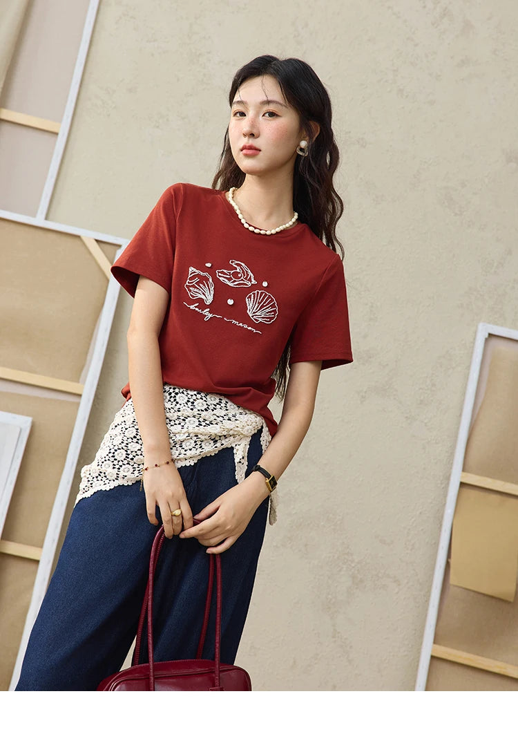 MISHOW Women's Shell Embroidered T-shirt 2025 Summer Short Sleeve Cotton Blend Tops Loose Slim Round Neck Casual Tees MXE34T0570
